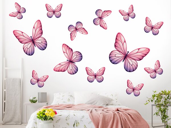 Motýli světle růžoví 13 ks textilní přelepitelné samolepky na zeď arch 100 x 100 cm