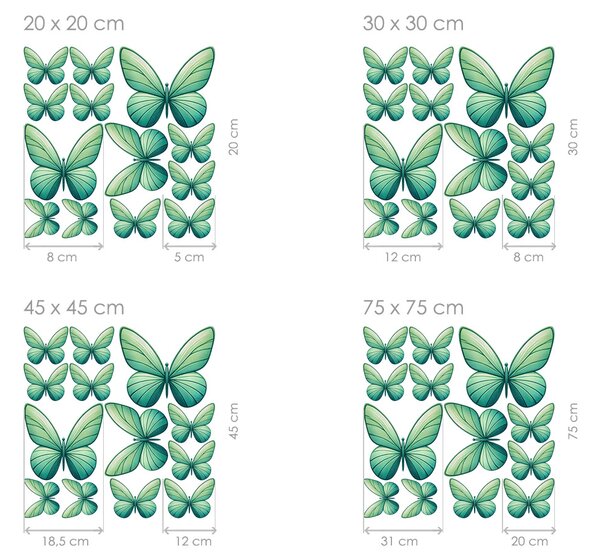 Motýli světle zelení 13 ks textilní přelepitelné samolepky na zeď arch 100 x 100 cm