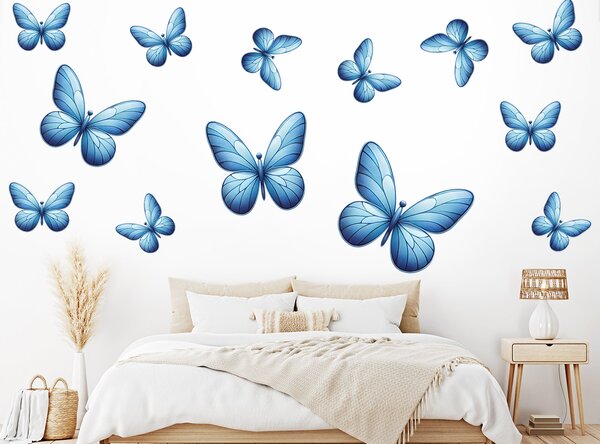 Motýli světle modří 13 ks textilní přelepitelné samolepky na zeď arch 100 x 100 cm