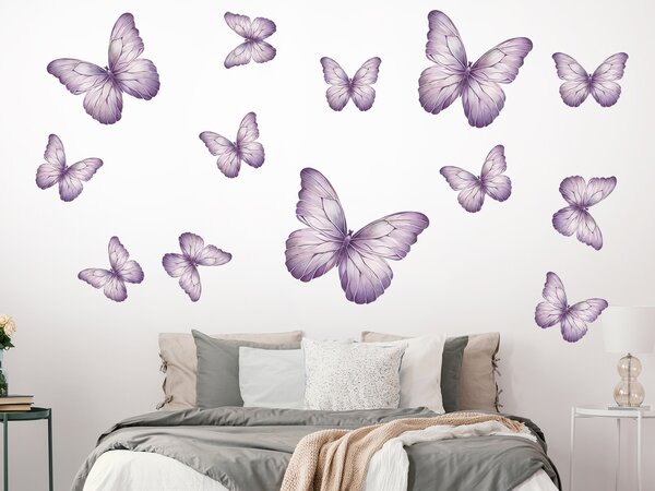 Motýli světle fialoví 13 ks textilní přelepitelná samolepka na zeď arch 100 x 100 cm