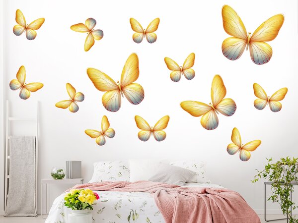 Motýli světle žlutí 13ks textilní přelepitelné samolepky na zeď arch 100 x 100 cm