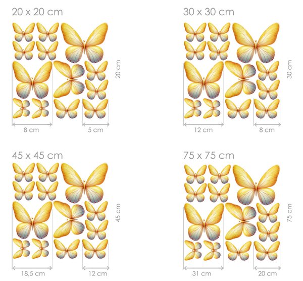 Motýli světle žlutí 13ks textilní přelepitelné samolepky na zeď arch 100 x 100 cm