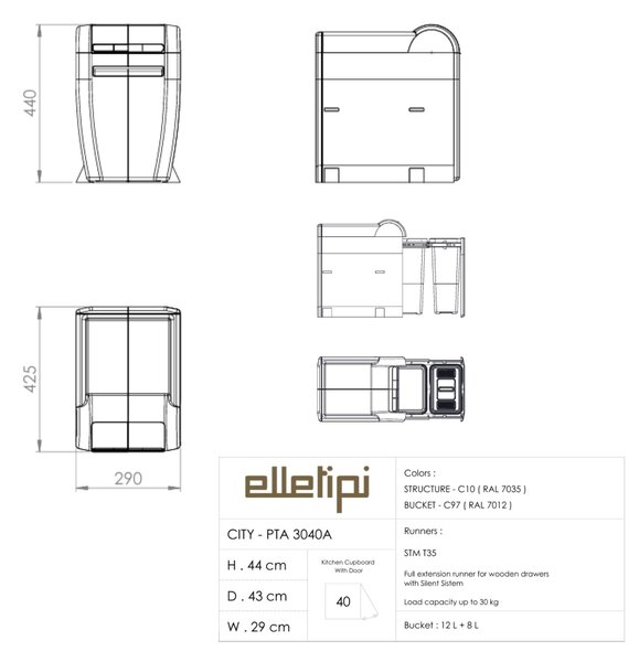 Vestavný odpadkový koš Elletipi CITY - výsuvný, 12+8 L , PTA 3040A