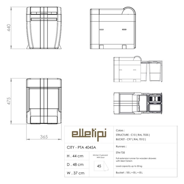 Vestavný odpadkový koš Elletipi CITY - výsuvný, 18+8+8 L , PTA 4045A