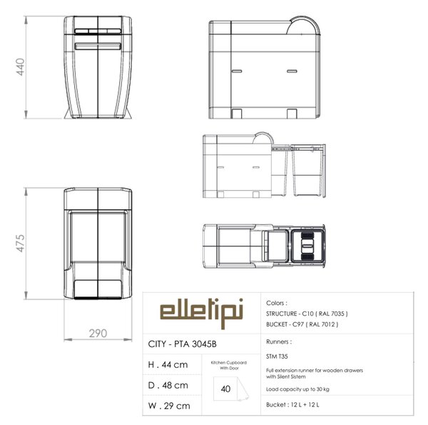 Vestavný odpadkový koš Elletipi CITY - výsuvný, 12+12 L , PTA 3045B
