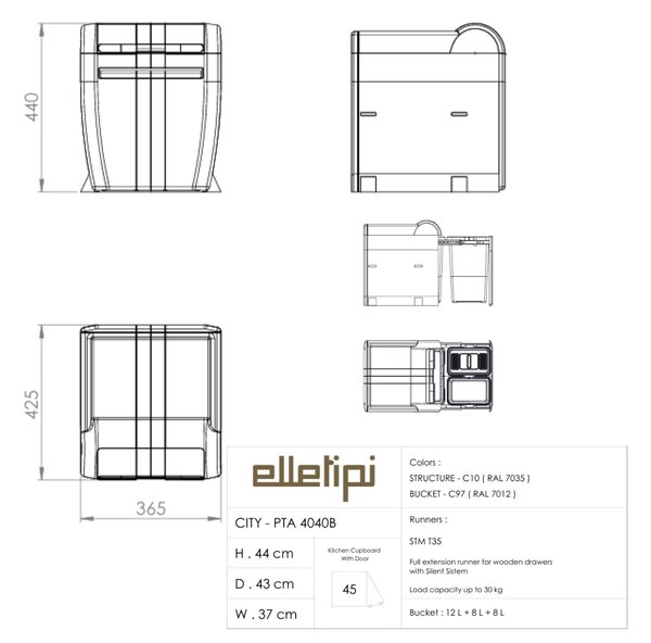 Vestavný odpadkový koš Elletipi CITY - výsuvný,12+8+8 L , PTA 4040B