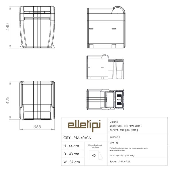 Vestavný odpadkový koš Elletipi CITY - výsuvný, 18+12 L , PTA 4040A