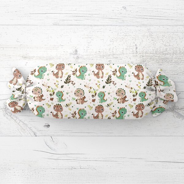 Biante Dětský polštář válec bonbon Sandra SA-657 Zeleno-hnědí dinosauříci na bílém 15x40 cm
