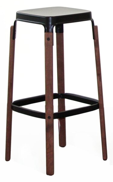 MAGIS - Barová židle STEELWOOD STOOL nízká - černá s tmavými bukovými nohami