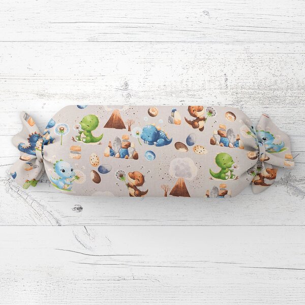 Biante Dětský polštář válec bonbon Sandra SA-656 Modro-zeleno-hnědí dinosauříci na světle šedém 15x40 cm