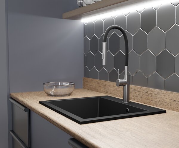 Granitový dřez ELITE černý + sifon zlatý 70 x 50 x 21 cm