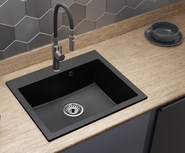 Granitový dřez ELITE černý s texturou žuly + sifon chrom 60 x 50 x 21cm