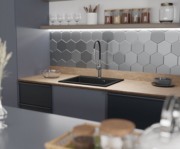 Granitový dřez ELITE černý + sifon zlatý 70 x 50 x 21 cm