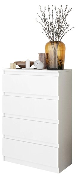 Komoda v matné bílé barv se 4 zásuvkami – Malá komoda do lonice a obývacího pokoje – Moderní píborník v minimalistickém designu – GABRIEL