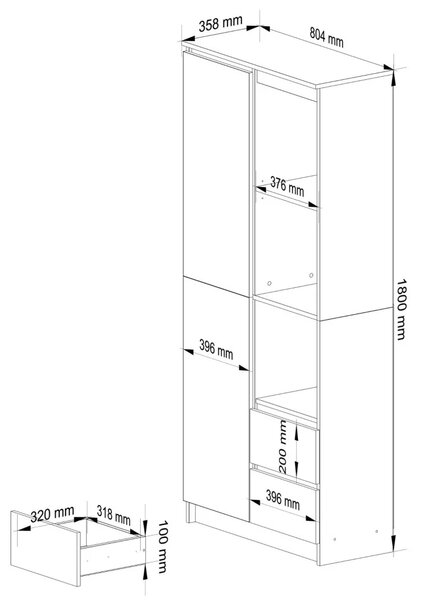 Policový regál se šuplíky a dvířky VALESTRA - bílý / bílý lesklý