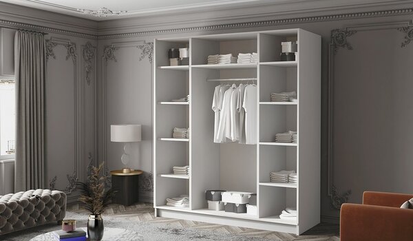 Zrcadlová šatní skříň 200 cm KAOS 3 - bílá / černé úchyty