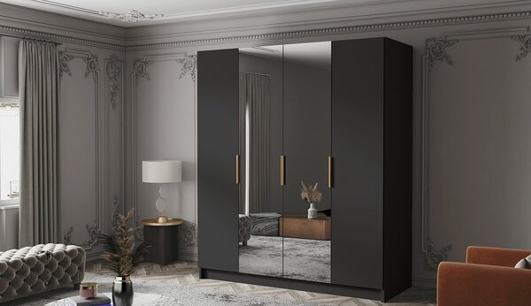 Šatní skříň se zrcadlem 200 cm KAOS 2 - černá / zlaté úchyty