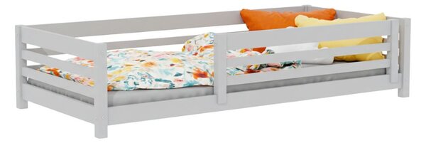 Nízká dětská dřevěná postel TULY se zábranou 90x200 cm + matrace WAVE - Světle šedá, S jednou zábranou