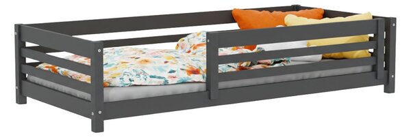Nízká dětská dřevěná postel TULY se zábranou 90x200 cm + matrace WAVE - Tmavě šedá, S jednou zábranou