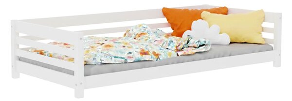 Nízká dětská dřevěná postel TULY se zábranou 90x200 cm + matrace WAVE - Bílá, S jednou zábranou