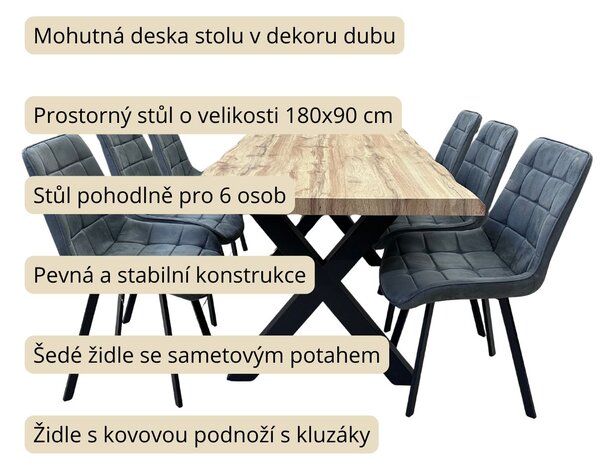 Vikio Jídelní set pro 6 osob 180x90 cm dub, šedá samet VJS118-61S-S