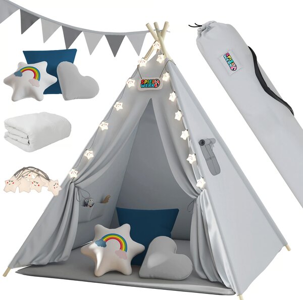 Dětský stan teepee JULIUS, 120x120x160cm, šedá/modrá Spielwerk