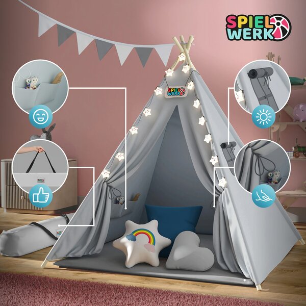 Dětský stan teepee JULIUS, 120x120x160cm, šedá/modrá Spielwerk