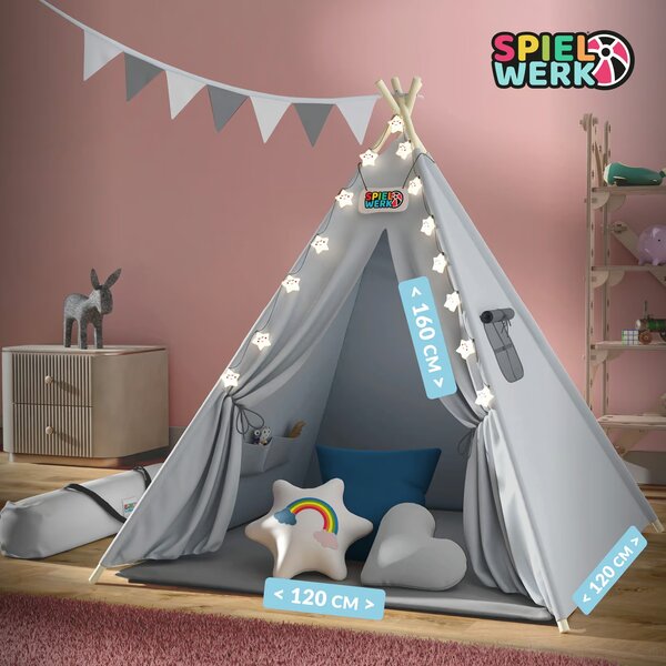 Dětský stan teepee JULIUS, 120x120x160cm, šedá/modrá Spielwerk