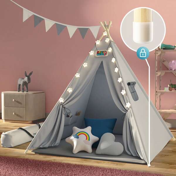 Dětský stan teepee JULIUS, 120x120x160cm, šedá/modrá Spielwerk