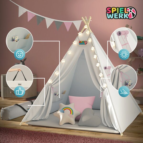 Dětský stan teepee JULIA, 120x120x160cm, béžová/růžová Spielwerk