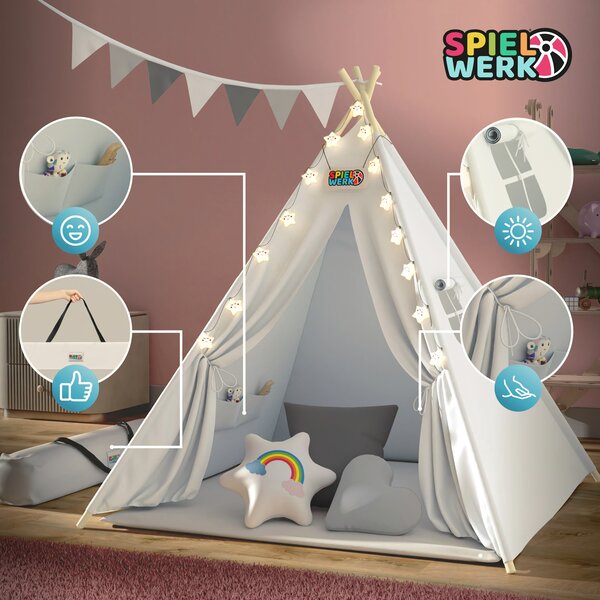 Dětský stan teepee JULIUS, 160x120x120cm, bílá/šedá Spielwerk