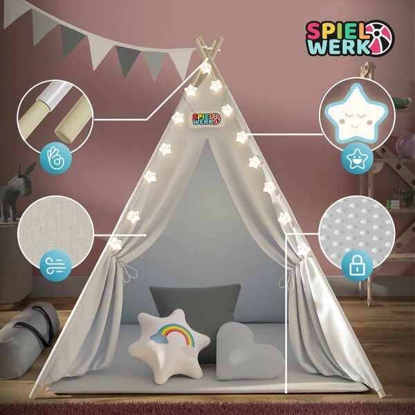 Dětský stan teepee JULIUS, 160x120x120cm, bílá/šedá Spielwerk
