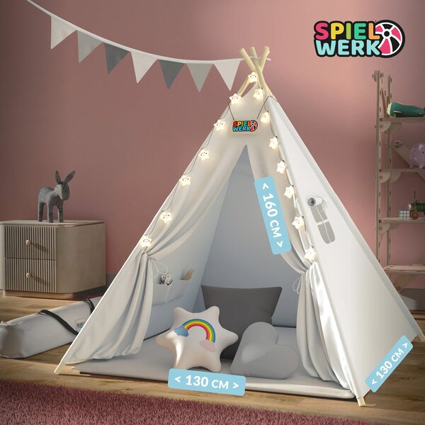 Dětský stan teepee JULIUS, 160x120x120cm, bílá/šedá Spielwerk