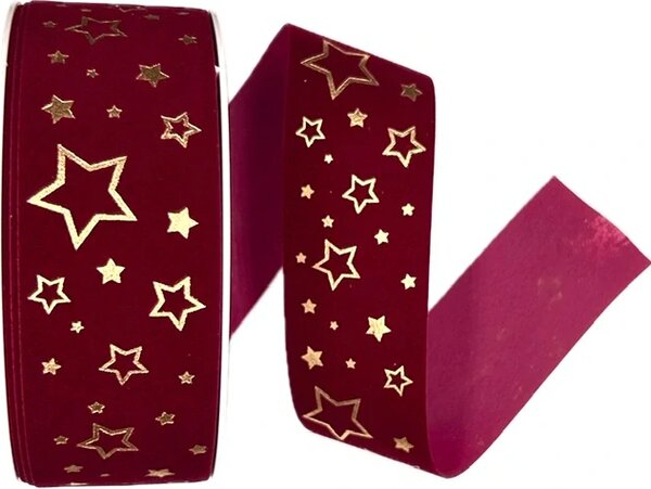 Stuha vánoční sametová VELUTTO STARS BURGUNDY bordó 25mm x 2m (12,-Kč/m)