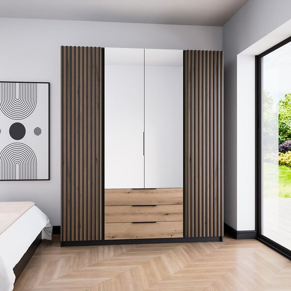Šatní skříň KAJA 2LAM 2LU 3S | 200 cm | se zrcadly | VYSOKÁ | černá/evoke + lamely
