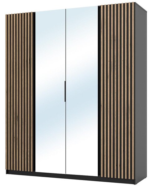 Šatní skříň KAJA 2LAM 2LU | 200 cm | se zrcadly | VYSOKÁ | černá + lamely