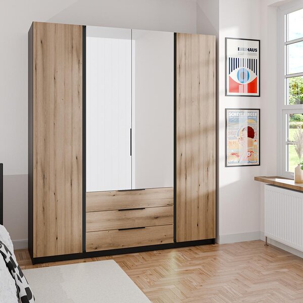 Šatní skříň KAJA 2F 2LU 3S | 200 cm | se zrcadly | VYSOKÁ | černá/evoke