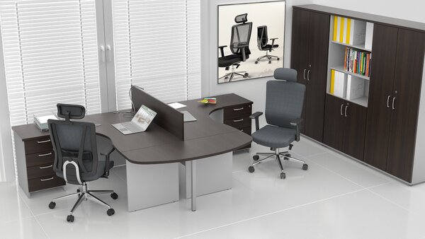 NABYTEK-DESIGNOVY.CZ - Rohová kancelář pro 2 pracovníky KOMFORT – kompletní sestava, kaštan/šedá – ZE 2.12P 07