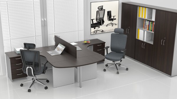 NABYTEK-DESIGNOVY.CZ - Rohová kancelář pro 2 pracovníky KOMFORT – kompletní sestava, kaštan/šedá – ZE 2.12P 07