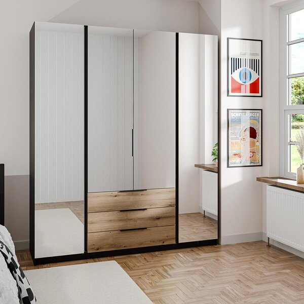 Šatní skříň KAJA 4LU 3S | 200 cm | se zrcadly | VYSOKÁ | černá/evoke