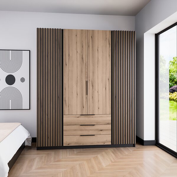 Šatní skříň KAJA 2LAM 2F 3S | 200 cm | bez zrcadla | VYSOKÁ | černá/evoke + lamely