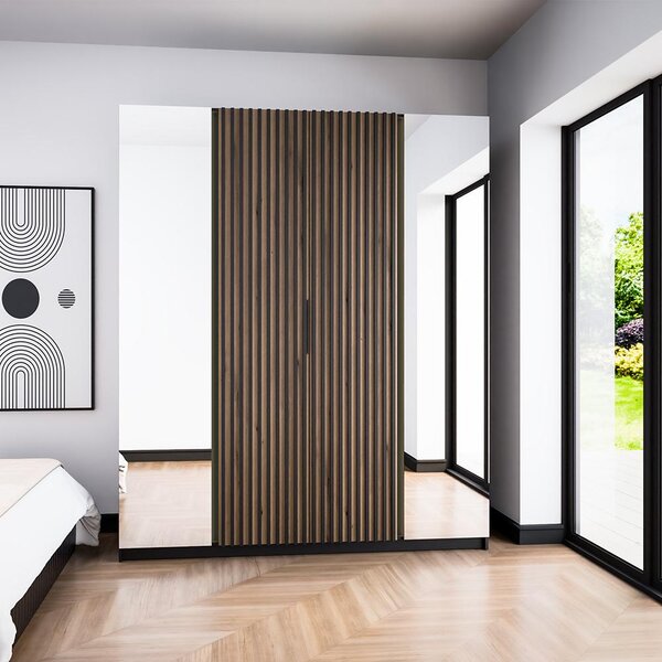 Šatní skříň KAJA 2LU 2LAM | 200 cm | se zrcadly | VYSOKÁ | černá/evoke + lamely