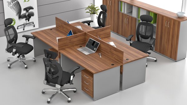 NABYTEK-DESIGNOVY.CZ - Kancelář pro 4 pracovníky KOMFORT – kompletní pracoviště, ořech/šedá – ZE 4.6 19