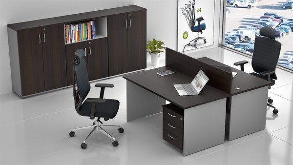 NABYTEK-DESIGNOVY.CZ - Kancelář pro 2 pracovníky KOMFORT – stoly, kontejnery a skříně, kaštan/šedá – ZE 2.6 07