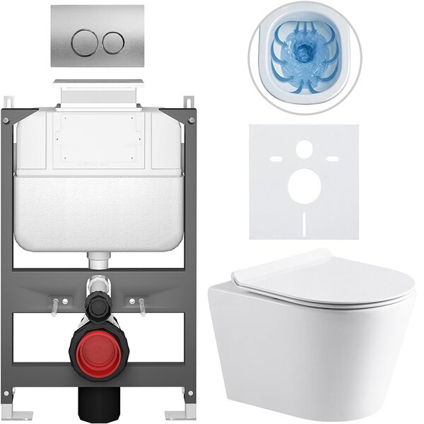 Kompletní WC set Basic/Carlito - bílá lesklá - WC tlačítko Dualo/Stříbrná - ovládání shora - předstěnová instalace - 48,5x36,5 cm