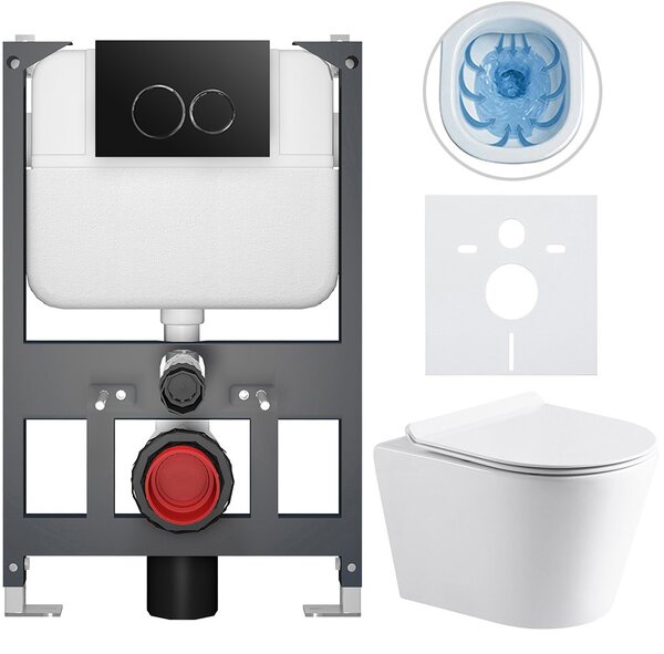 Kompletní WC set Basic/Carlito - bílá lesklá - WC tlačítko Dualo/Černá - závěsné - nízký modul - předstěnová instalace - 48,5x36,5 cm