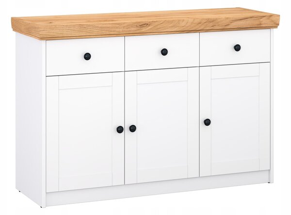 Příborník Savo – matná bílá a dubový vzhled – 3 dvířka, 3 zásuvky