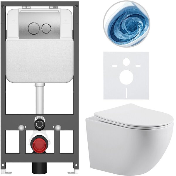 Kompletní WC set Basic/Cesso - bílá lesklá - WC tlačítko Dualo/Stříbrná - závěsné - předstěnová instalace - 49x36 cm - 8050BD85983