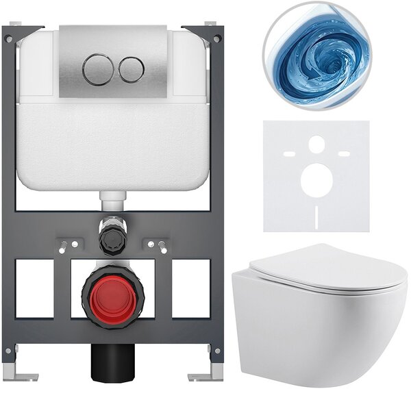Kompletní WC set Basic/Cesso - bílá lesklá - WC tlačítko Dualo/Stříbrná - závěsné - nízký modul - předstěnová instalace - 49x36 cm - 8050BD85984