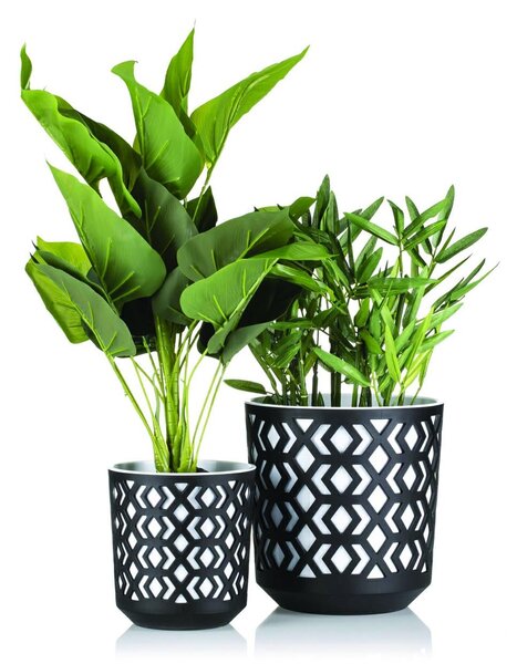 PLASTOVÝ KVĚTINÁČ ETNIC SADA 2KS 14,8X13,9 CM+20,1X19,5 CM ČERNÁ